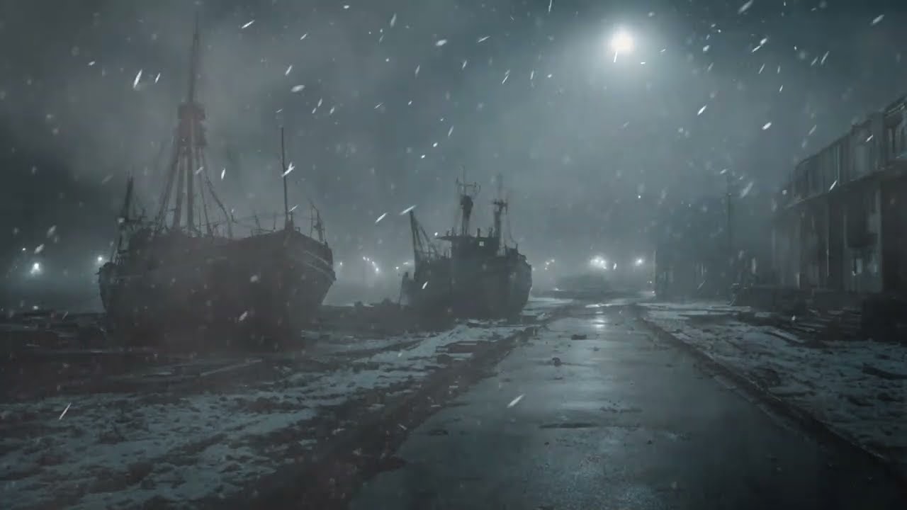 Blizzard and Howling Winds on Old Abandoned Ships in the Port.  Sounds of Night Snowstorm for Sleep.