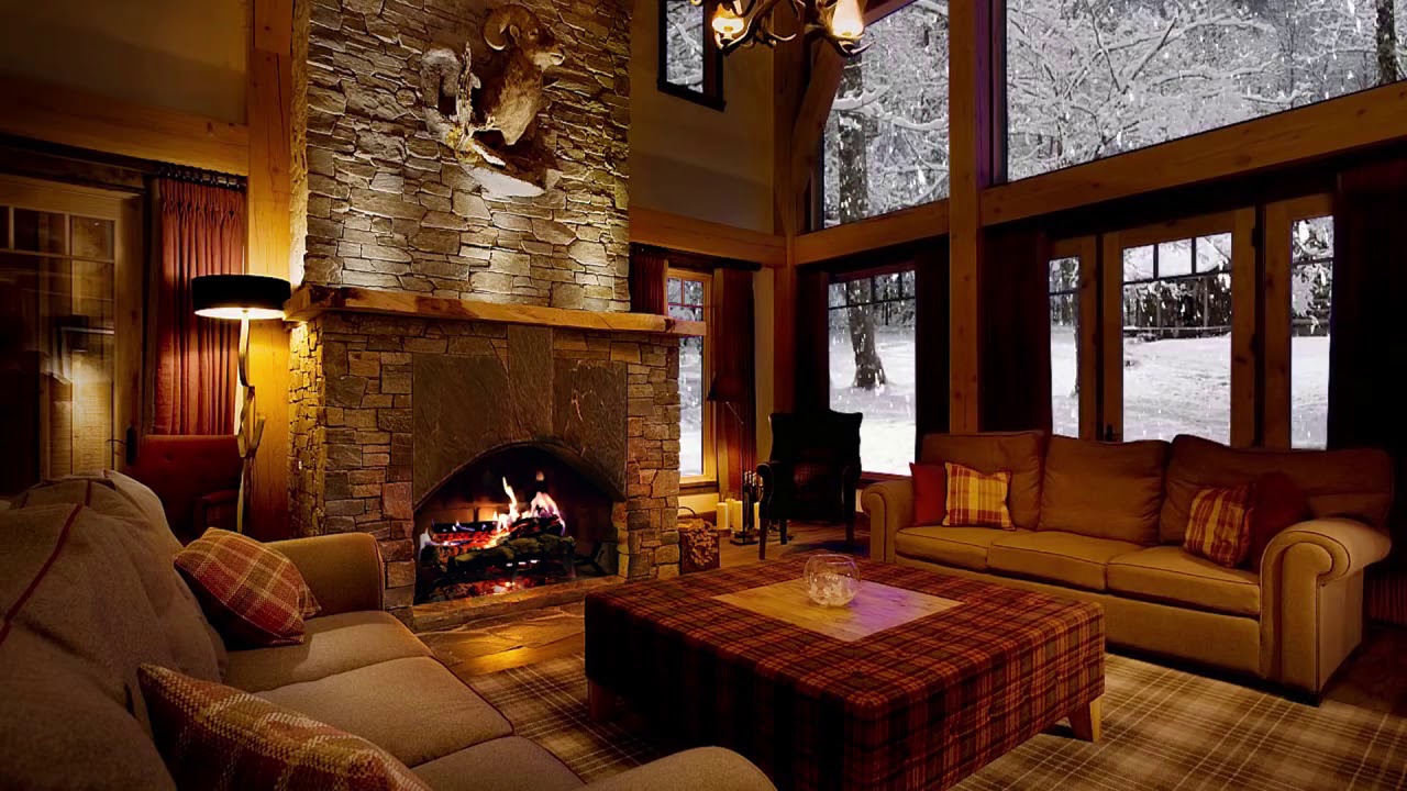 Cozy Cabin Fireplace With Snow & Christmas Music
