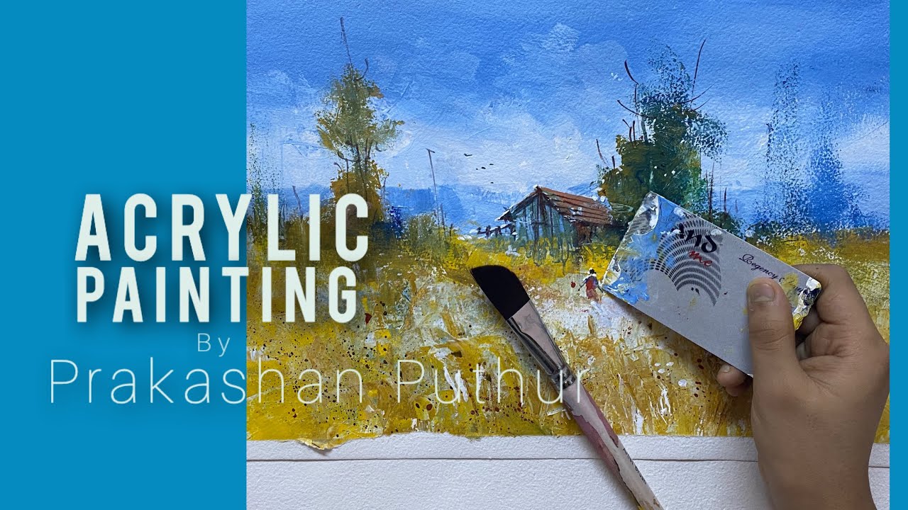 Acrylic painting landscape | A unique method using different tools by Prakashan Puthur
