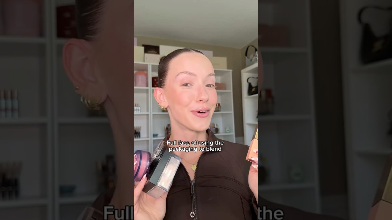 Full face of makeup using the packaging to blend