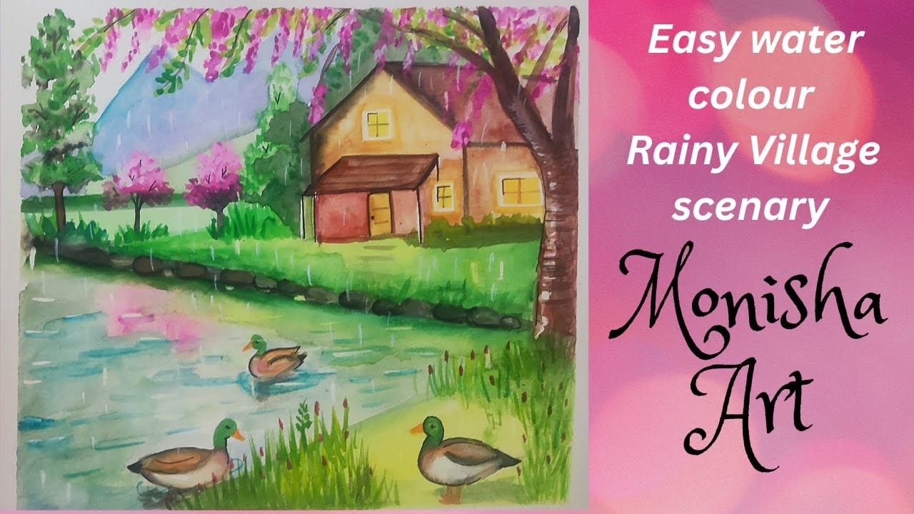 Rainy season easy water colour painting step by step