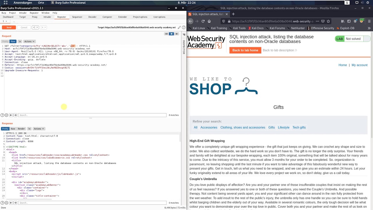 SQL injection attack, listing the database contents on non-Oracle databases (Video solution, Audio)