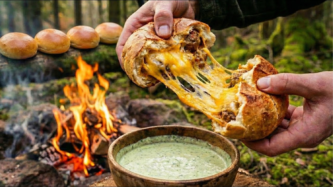 Kanapka z klopsikami i roztopionym serem pieczona nad ogniem | Forest Cooking