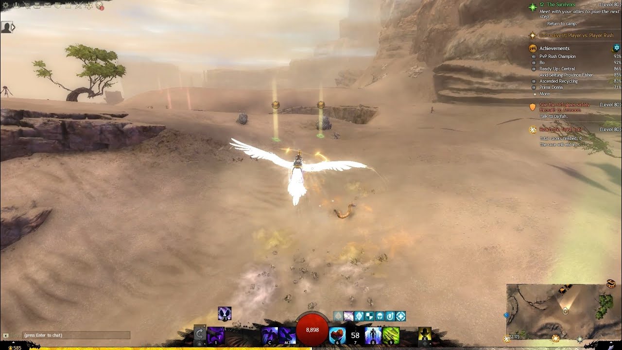 Griffon races around the desert (GW2 flying mount)