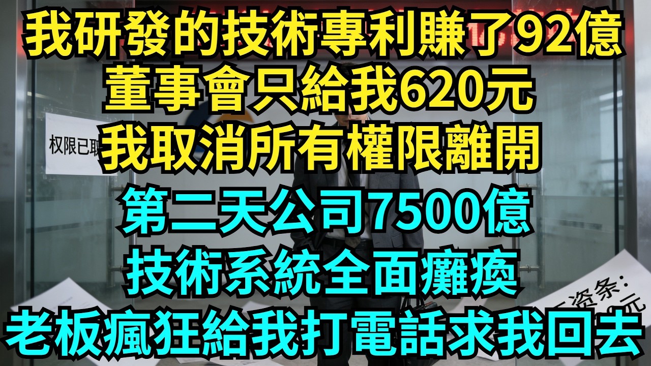 我研發的技術專利賺了92億，董事會只給我620元，我取消所有權限離開，第二天公司7500億技術系統全面癱瘓，老板瘋狂給我打電話求我回去!【奇聞秘事】#奇聞#秘事#故事 #职场 #职场故事 #奖金