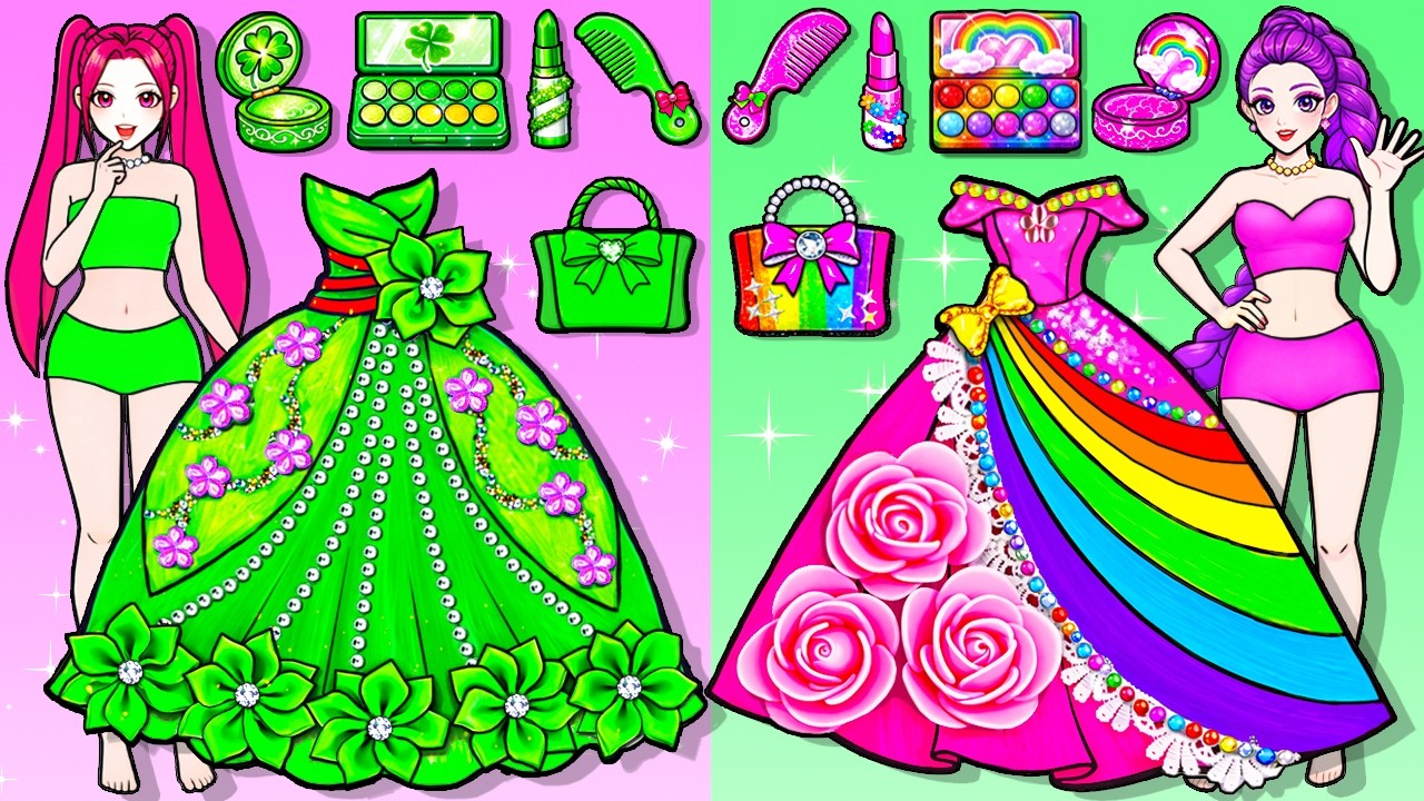 Pink VS Green 💗💚 Huntrix RUMI MIRA Makeup And Dress Up Fashion Play set Handmade 2 | DIY Paper Dolls