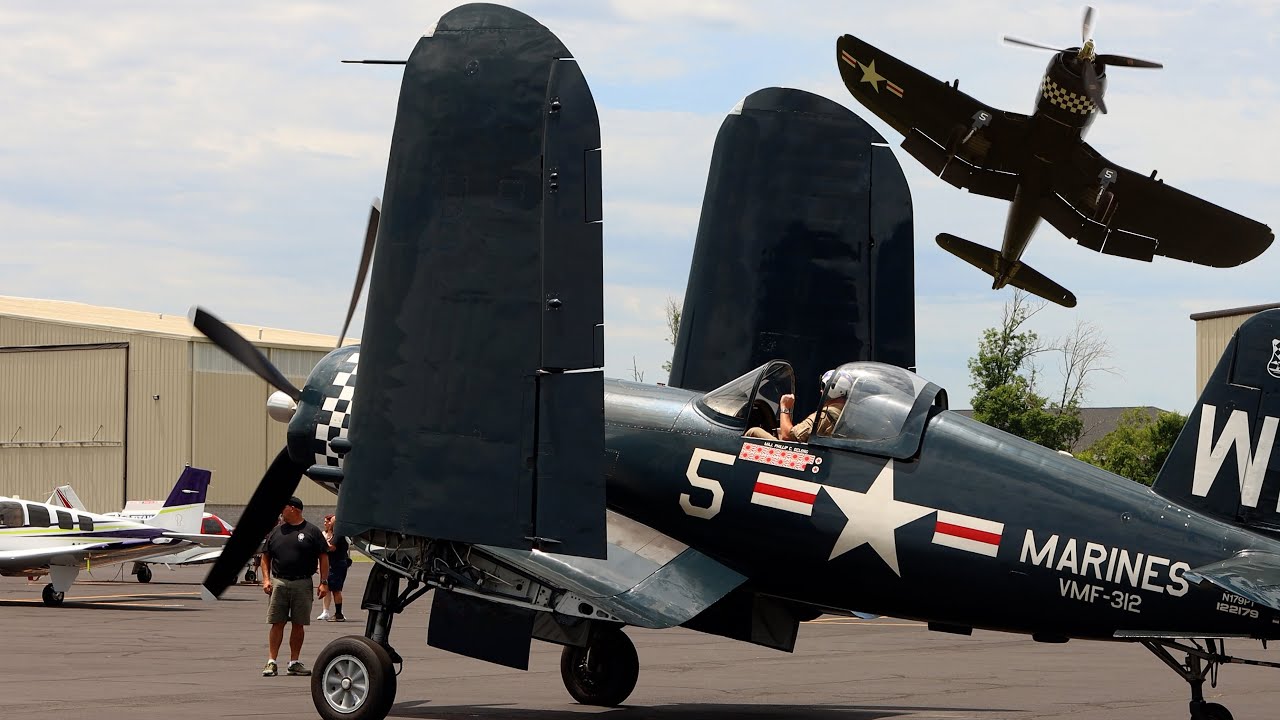 1948 F4U-5 Corsair Start, Wing Unfold, Takeoff, Flyby, & Flyover