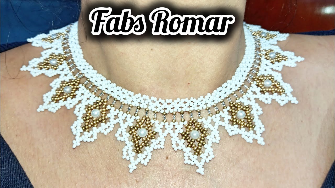 Como hacer collar de chaquira / mostacilla  blanco dorado ♥️