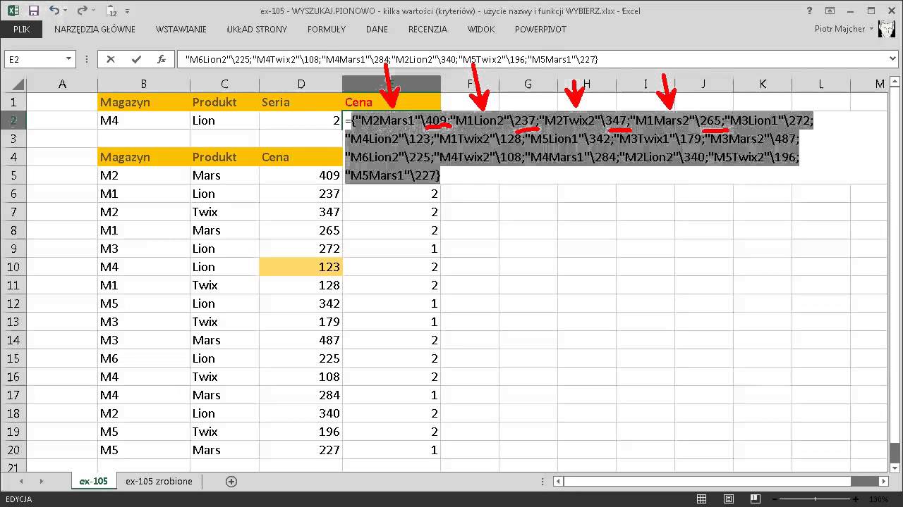 excel-105 - WYSZUKAJ.PIONOWO - kilka kryteriów (wartości) - użycie nazwy i funkcji WYBIERZ