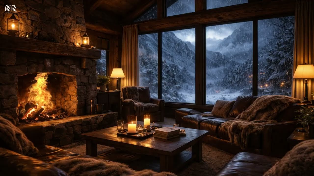 Cozy Cabin Ambience in a Snowy Mountain Retreat | Lofi Music & Fireplace  Sounds for Relaxing