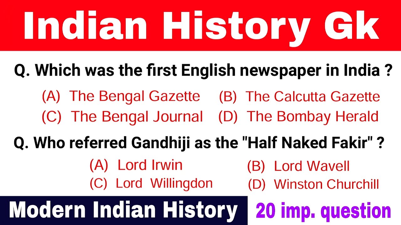 Indian history gk questions | Indian history gk questions and answers | Modern Indian history mcqs