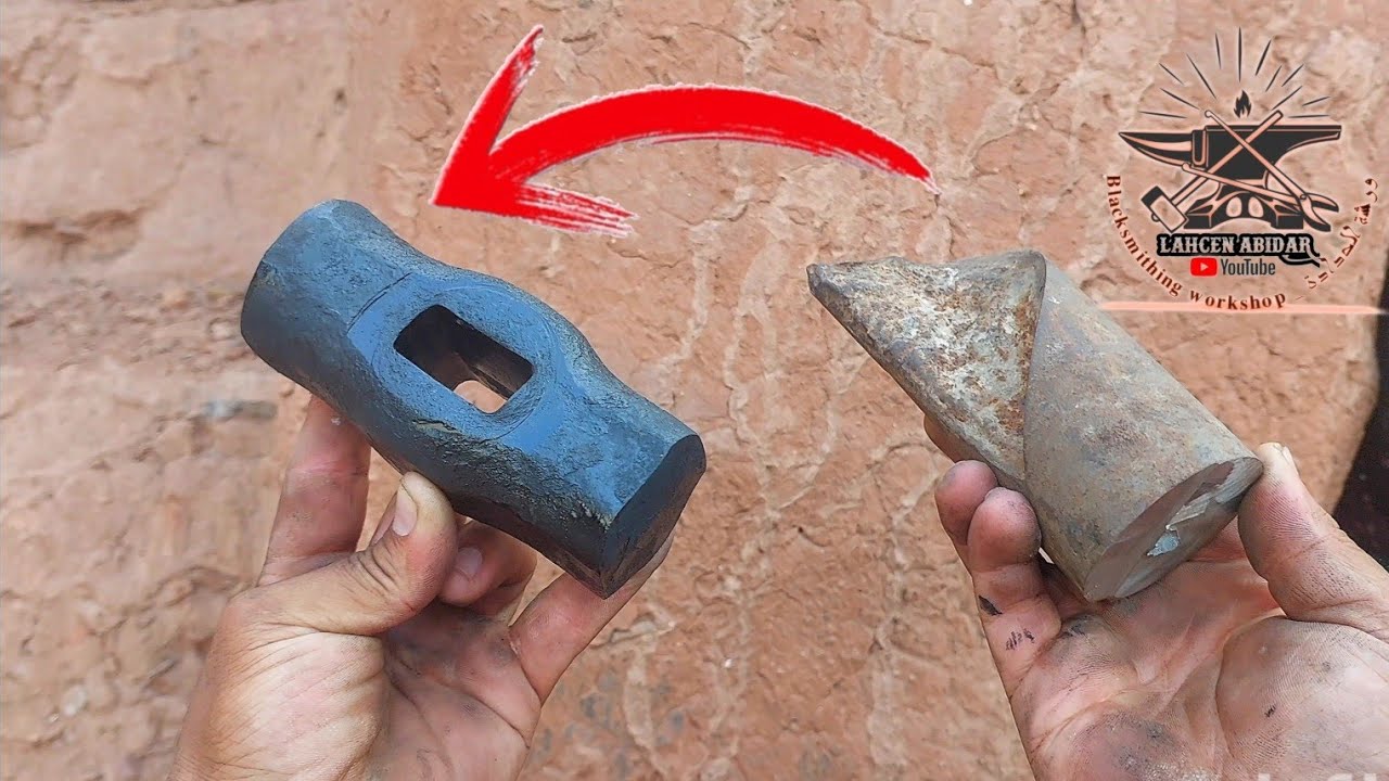 شاهدني أصنع مطرقة من كتلة فولاذية ضخمة! / Make a Hammer by Hand - Traditional Forging!
