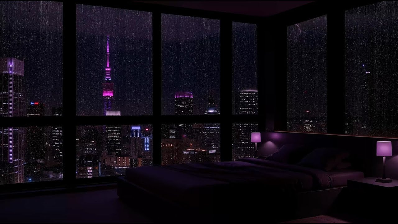 Heavy Rainstorm at Night (No Ads) 🌧️ Bedroom Window with City View for Deep Rest
