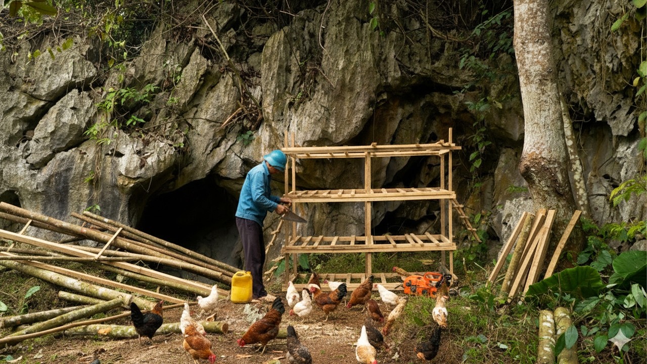 Renovating the land at the foot of the mountain to create a shelter for the chickens.
