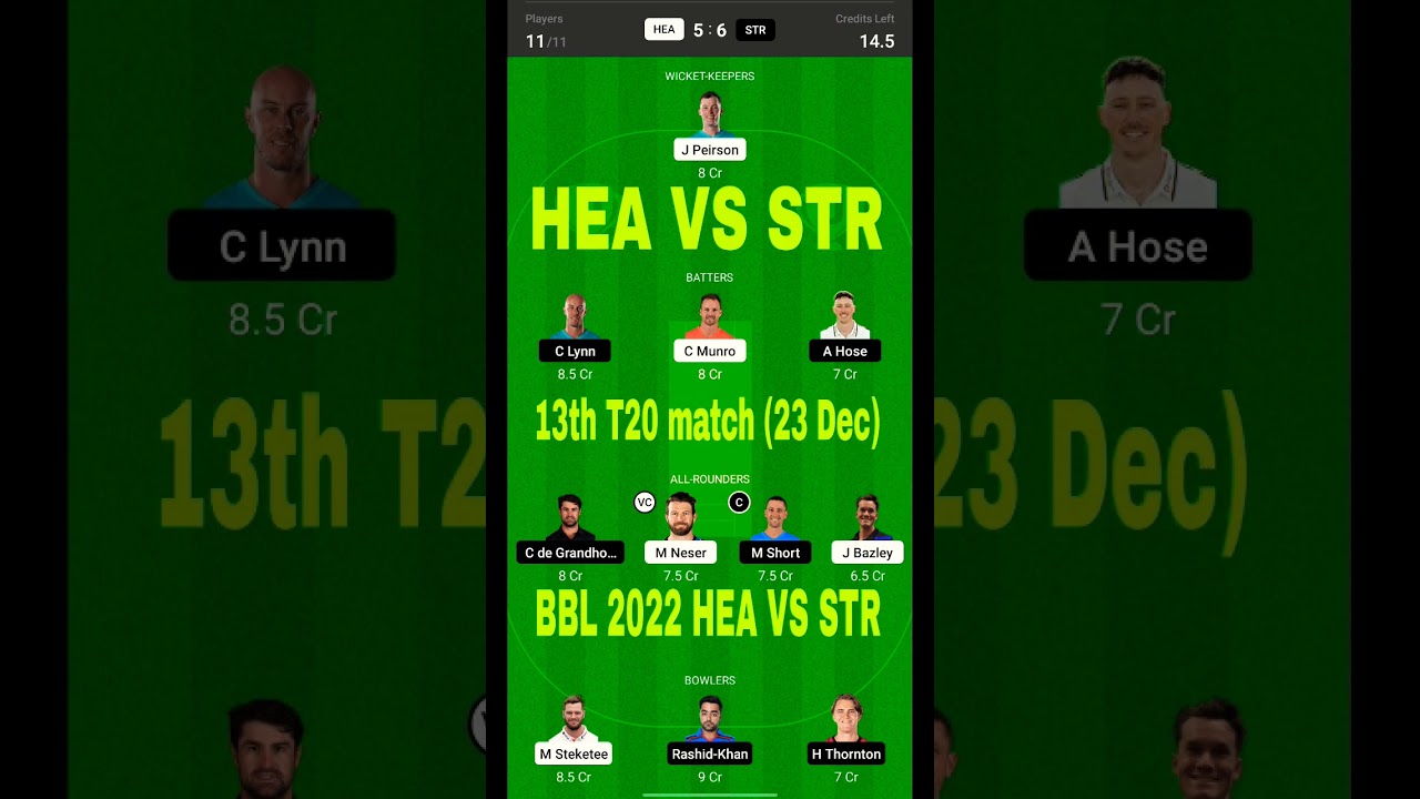 ADS vs BRH Dream11 team | Str vs Hea dream11 team prediction | hea vs str dream11 13th T20 BBL 2022