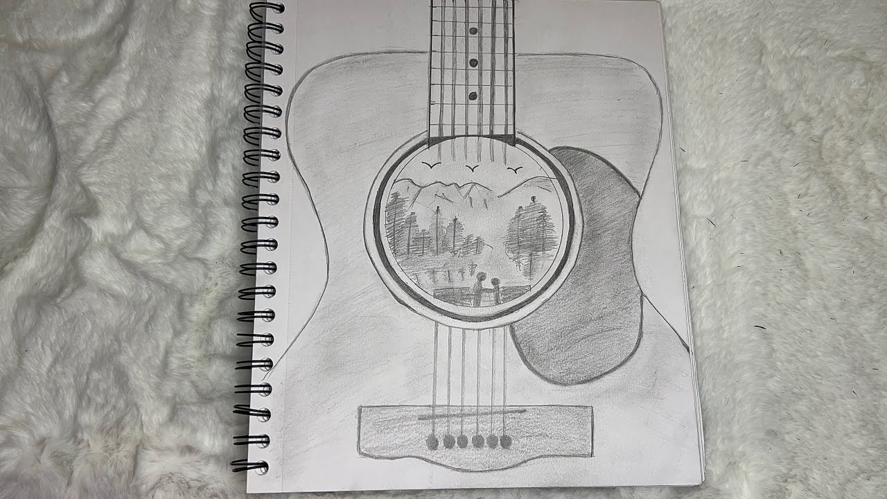 Landscape in a Guitar using one pencil /drawing Ideas✍🏻✨