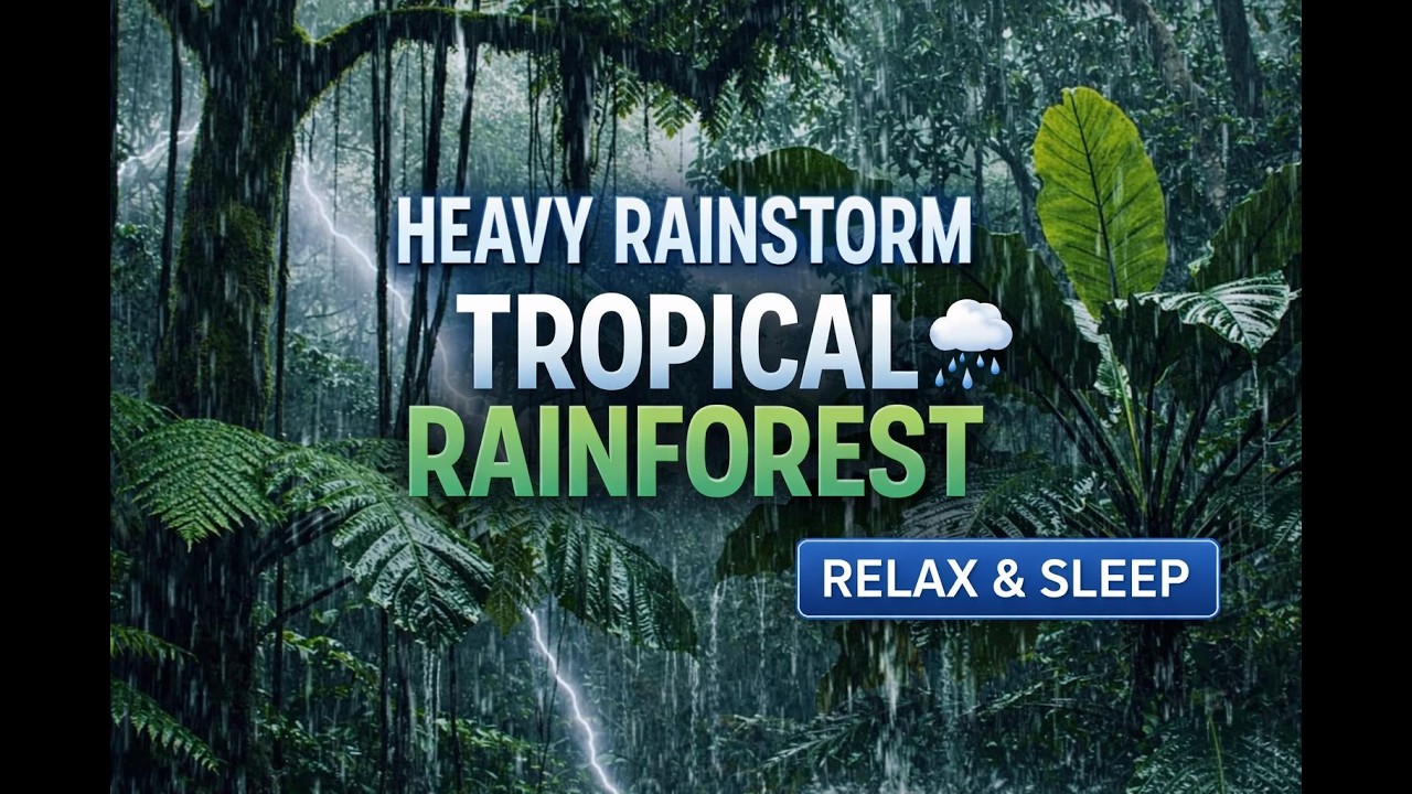 Heavy Rainstorm in Tropical Rainforest 🌧️ Thunder & Jungle Ambience for Relaxationc