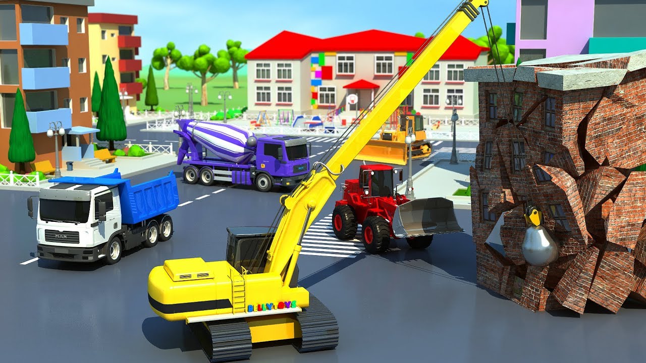 Construction de jardin d'enfants avec Grue de boule de d&eacute;molition et camion