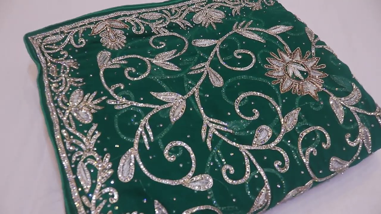 ARNG-4137 &ldquo;The Persian Green&rdquo; Premium Handcrafted Saree||Georgette Fabric||Zardozi||Crystals Stones