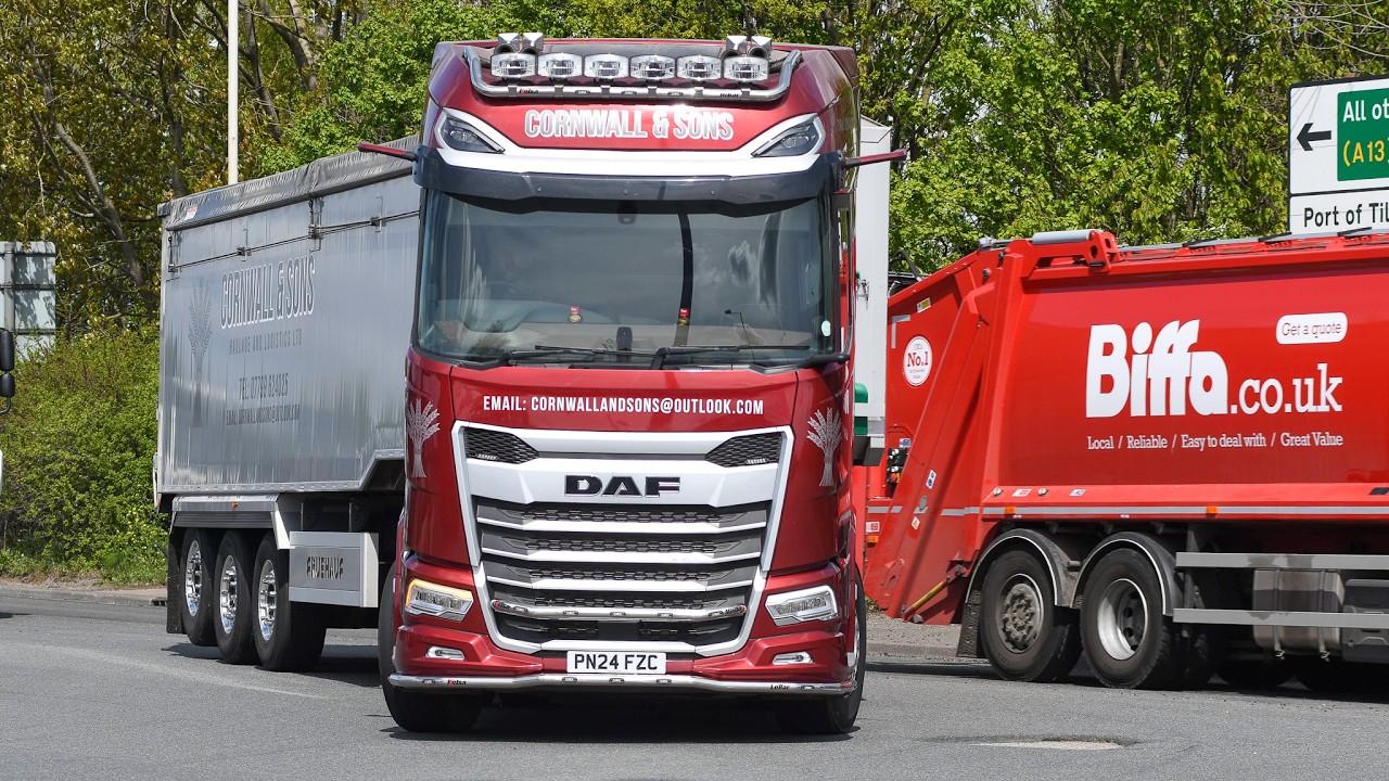 UK truck spotting at London's busiest Port Tilbury docks on a sunny spring day. (4K)