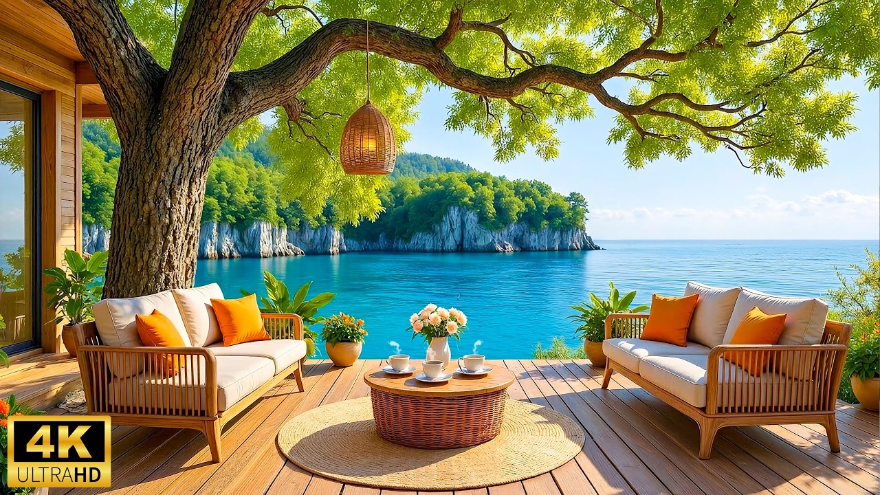 Calm Spring Porch by the Ocean 🌺 Relaxing Piano Background Music & Ocean Sounds for Sleep, Study