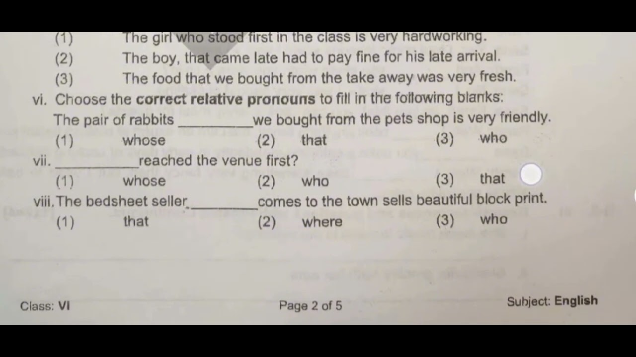 English Paper Class 6 Final Term Exam 2024 APS Garrison Schools Warm/Cold Region 