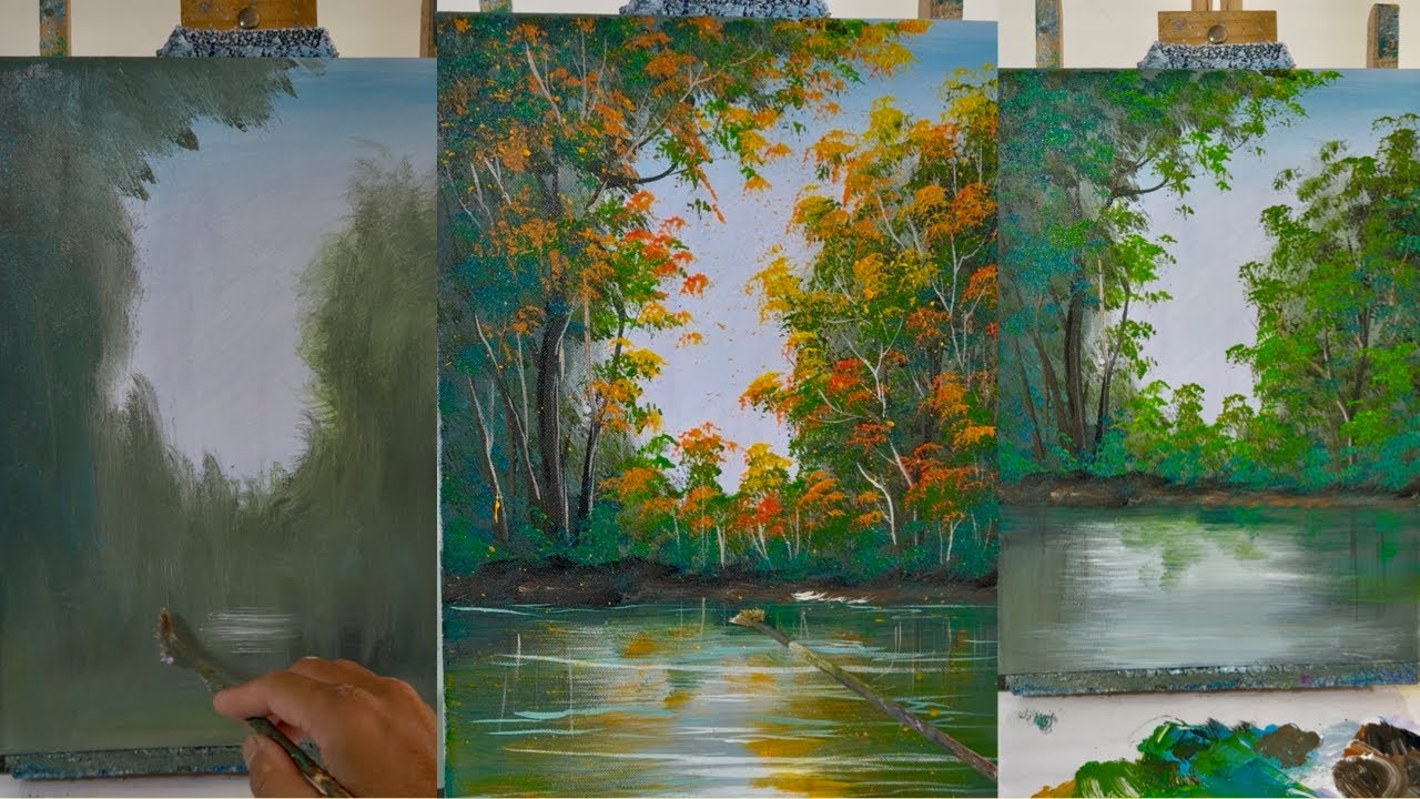Step-by-Step Acrylic Painting Tutorial | Spring Blossom Forest Reflection on River | TreeFlow Art