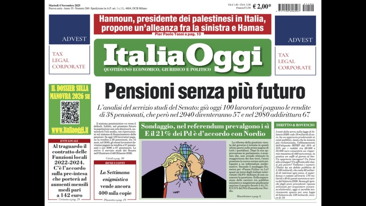 ⚠️SISTEMA PENSIONISTICO VERSO IL DEFAULT?⚠️ (Fonte: ItaliaOggi del 4 novembre 2025)