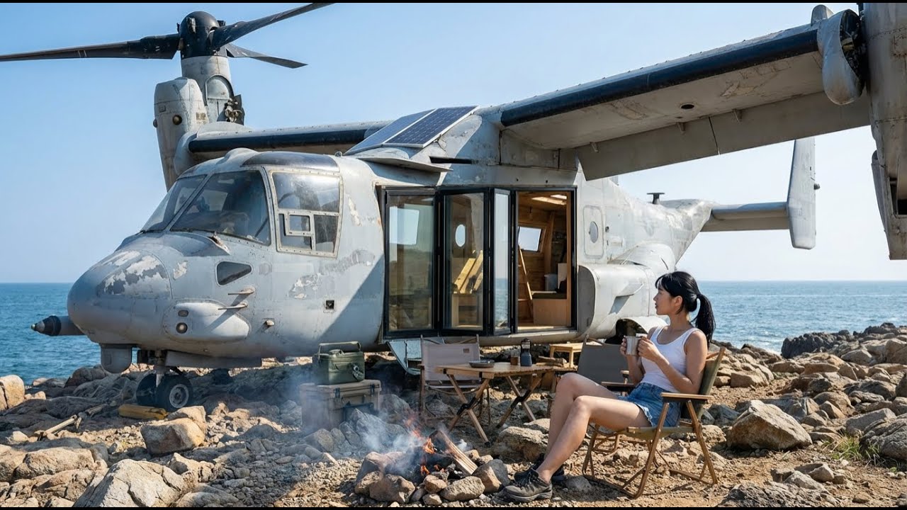 Building a Dream House Inside an Abandoned V 22 Osprey Tiltrotor Aircraft on a Rocky Coastline ASMR