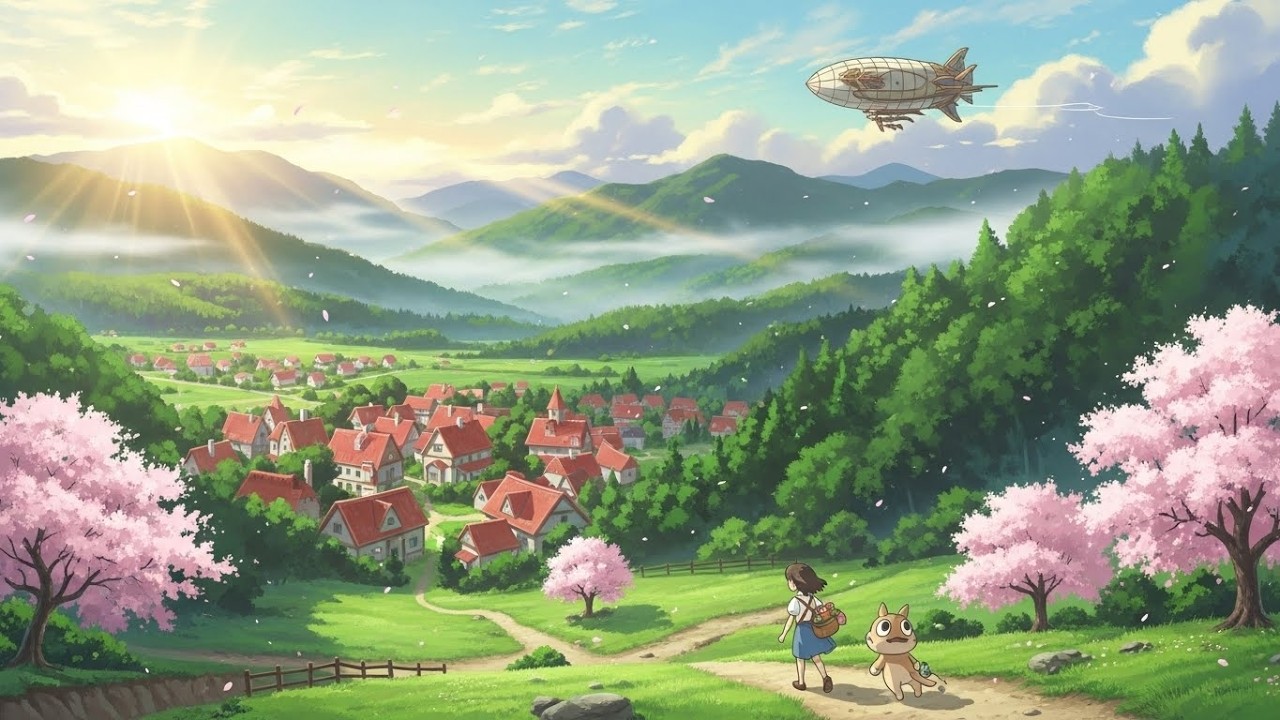 A quiet morning light fills the small room.[ Ghibli style