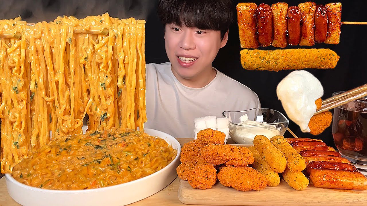 СУБ) Корейский пряный крем, джин чжамббон и курица ббуринкл, сырная палочка, мукбанг асмр