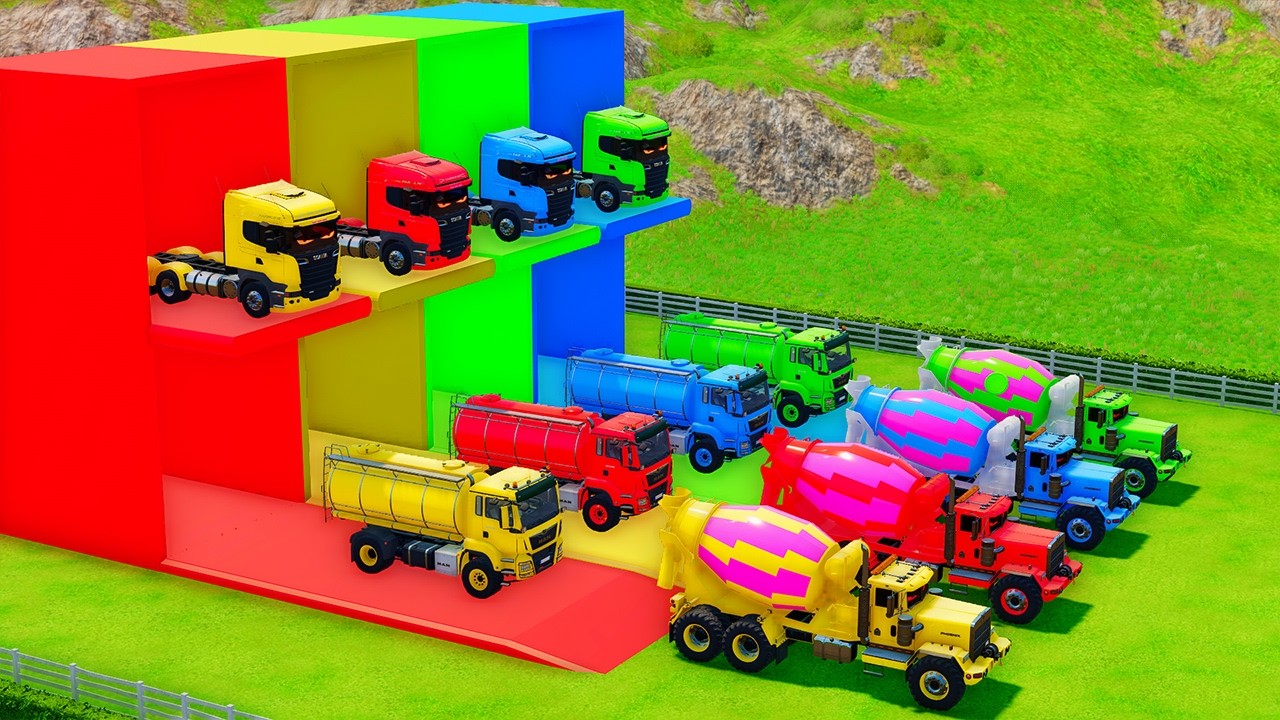 Garage with Colors - ALL MIXER TRUCK WITH DOUBLE FLATBED TRAILER TRUCK, KAMAZ, MAN, VOLVO, URAL