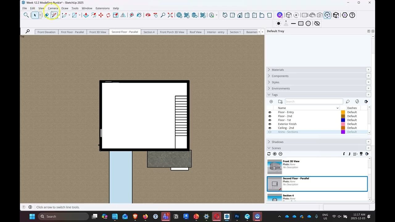 Creating floor plan and interior 3D view scene in Sketchup and exporting view for Photoshop.