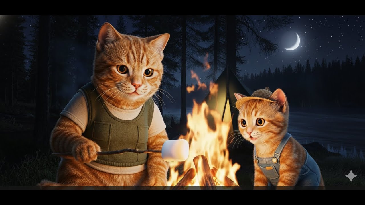 Mama Cat & Kitten's Adventure Camp at Misty Mountain Lake ⛺🐾🌊⛰️🌌 | Peaceful Cat Video 🐱💤