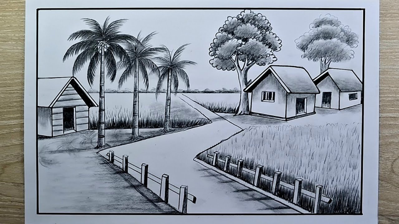 How to Drawing Perspective House with Road Scenery || Landscape Scenery Drawing by pencil sketch