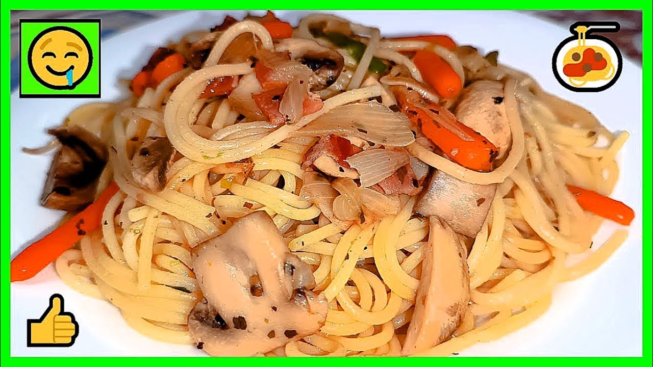 Cómo Hacer Espaguetis Fritos con Champiñones y Bacon  🍝🥓😋
