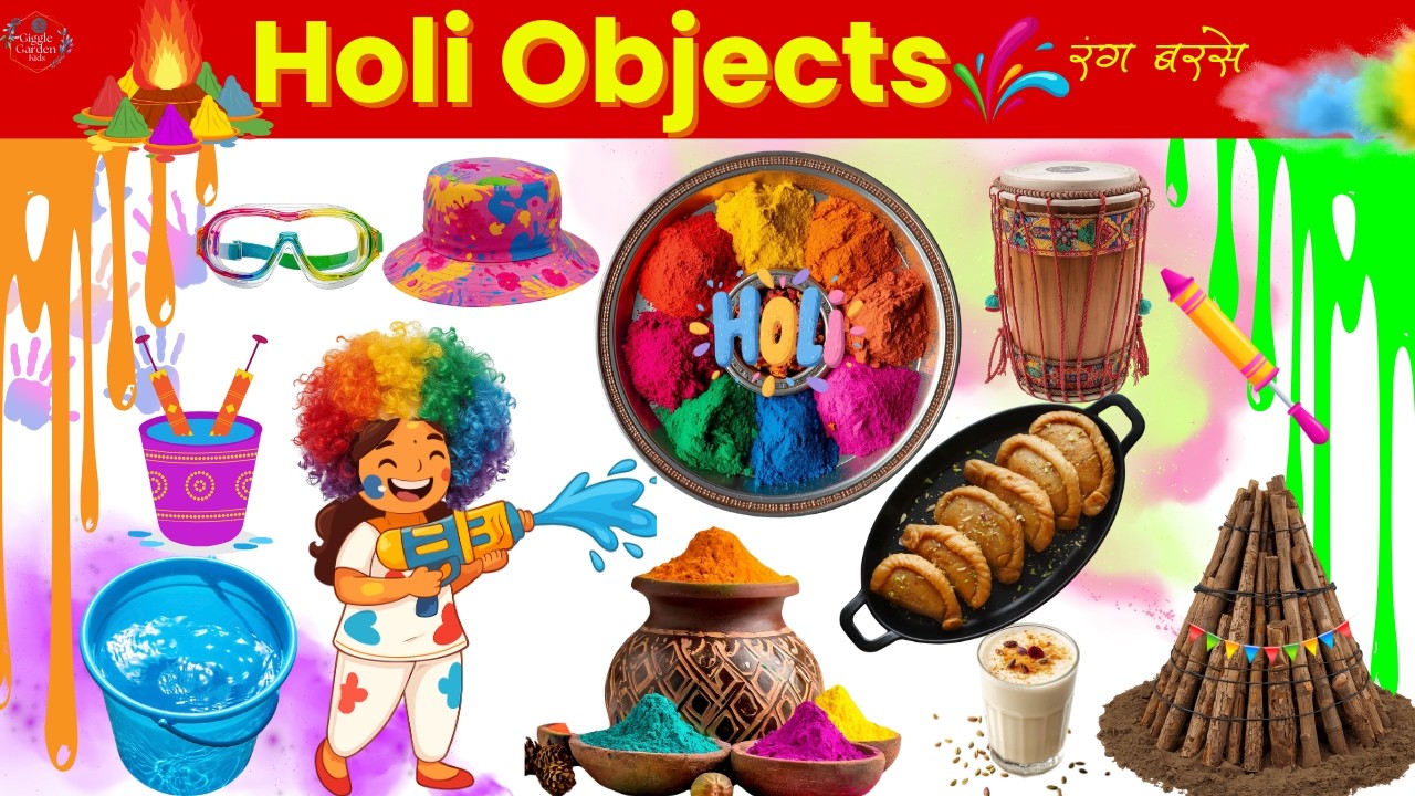 Holi Objects Name for Kids🌈| Holi Festival Vocabulary in English & Hindi |होली में खेलने वाली चीजें