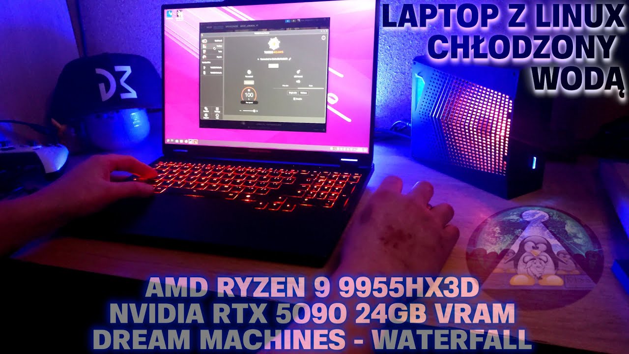 UMOCZONY PINGWIN Linux i laptop Dream Machines RT5090-16PL21 z chłodzeniem wodnym Water Cooling Box