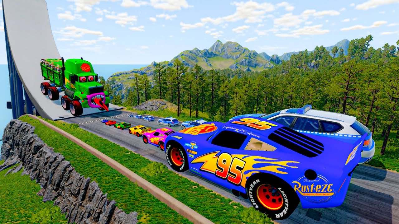 Big & Small McQueen & Police Car vs Zombie Mack, Laser & Giant Downhill Race – BeamNG.drive