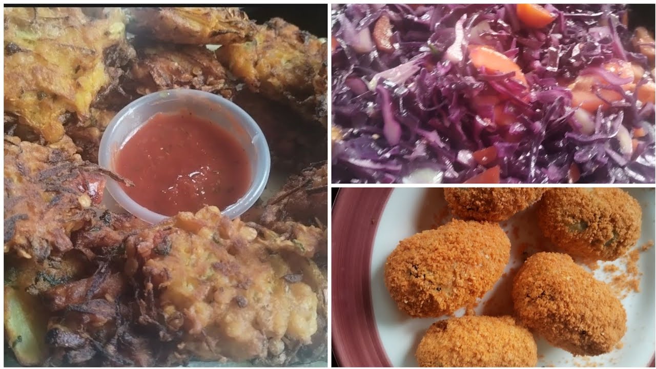 Sharing today's cooking: Potato chop, red cabbage bazi, chicken, raw mango fish tok, and pakoras ❤️😋