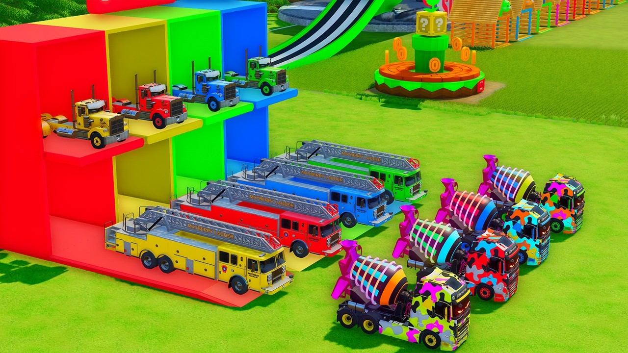 Garage with Colors - ALL MIXER TRUCK WITH DOUBLE FLATBED TRAILER TRUCK, LIZARD, MERCEDES, LIEBHERR