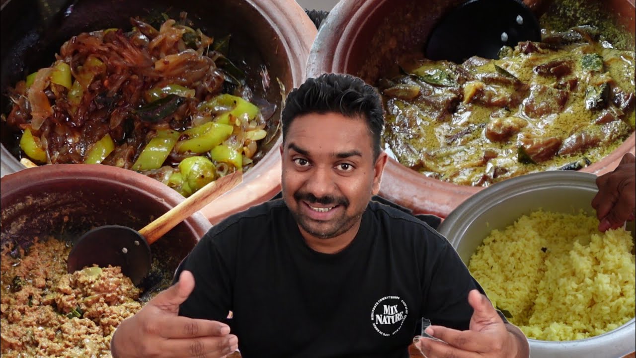 soya meat kurma curry, spicy capsicum tempered, fried eggplant curry, yellow rice | Sri lankan food