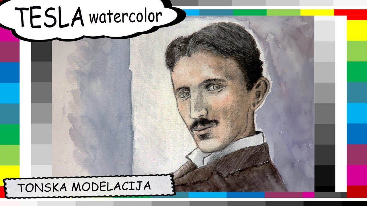 TESLA watercolor pencil portrait - akvarel TONSKA MODELACIJA - Nikola Tesla / Likovni123