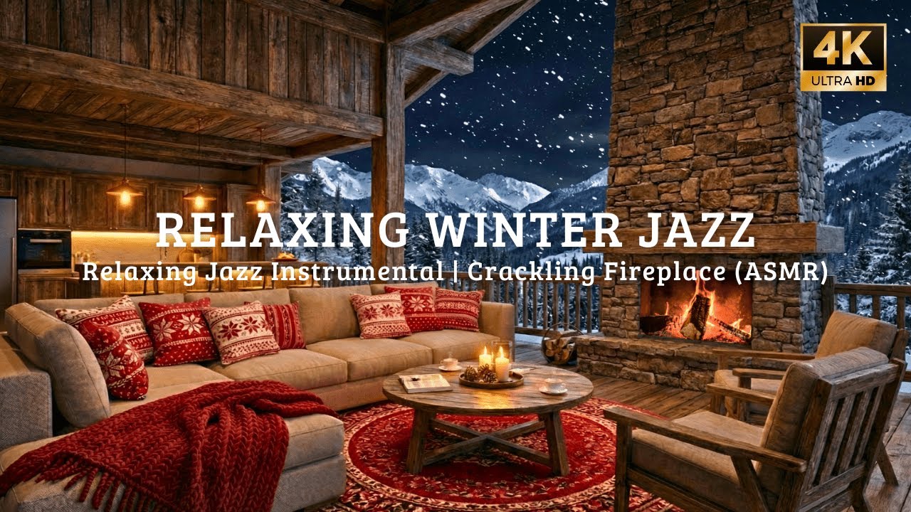 🔴 Calm Snow Lodge Night ❄️ Soft Jazz Piano & Fireplace for Study and Deep Sleep