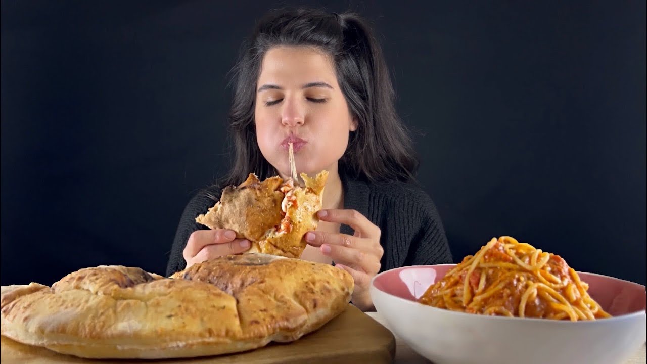 CHEESE & HAM CALZONE AND RED SAUCE PASTA | MUKBANG | ASMR