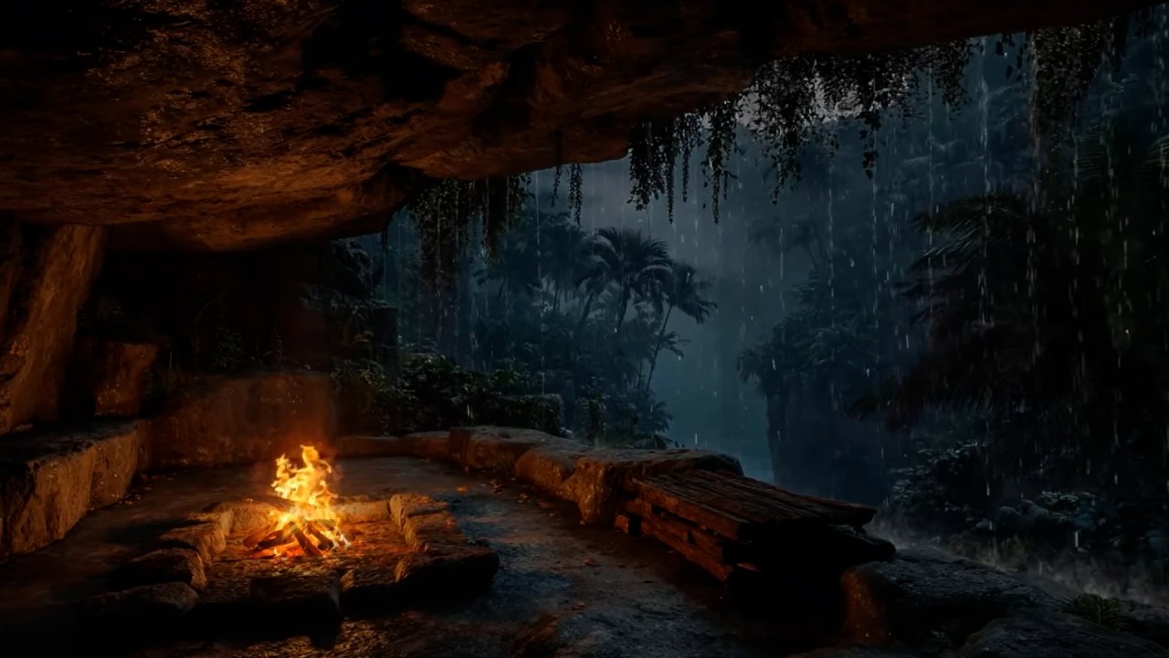 Sleep All Night (No Ads)💤 Cozy Cave Sanctuary with Soothing Rain & Fireplace for Total Stress Relief