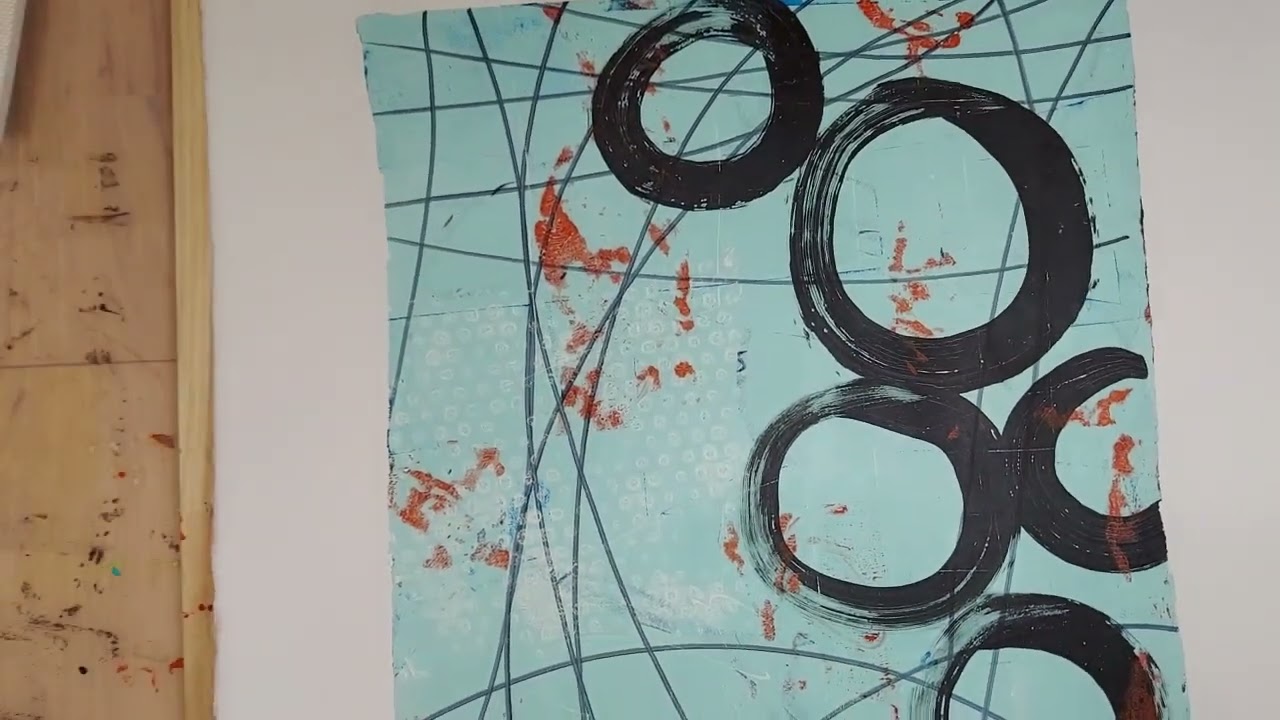 Arctic : Large format gelli plate print with black circles