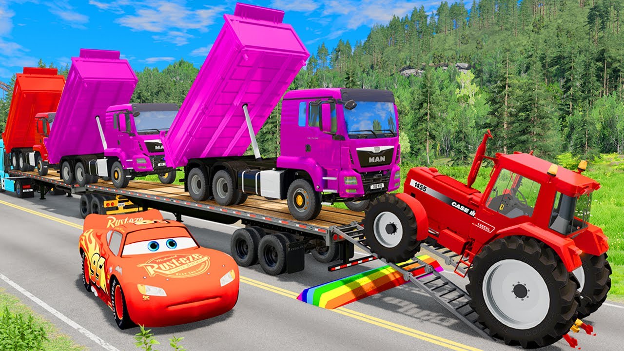 Flatbed Trailer McQueen Transportation with Truck - Speedbumps vs Cars vs Train #48 - BeamNG.Drive