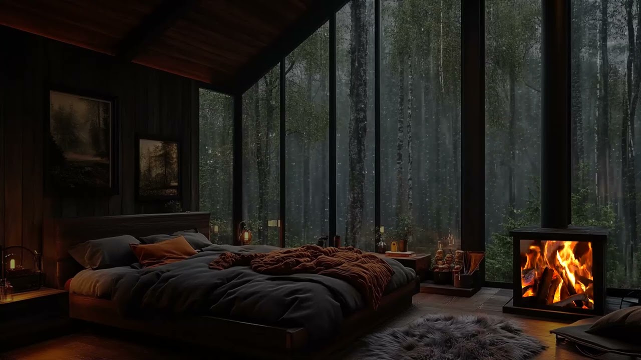 Heavy Rain on Window with Fireplace in Forest Room for Stress Relief and Deep Sleep