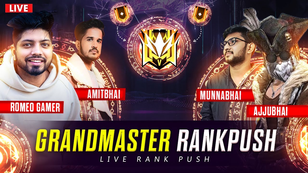 Free Fire Live- GrandMaster Rank Pushing With Ajjubhai, Amitbhai & Munnabhai To Top 1- AO VIVO